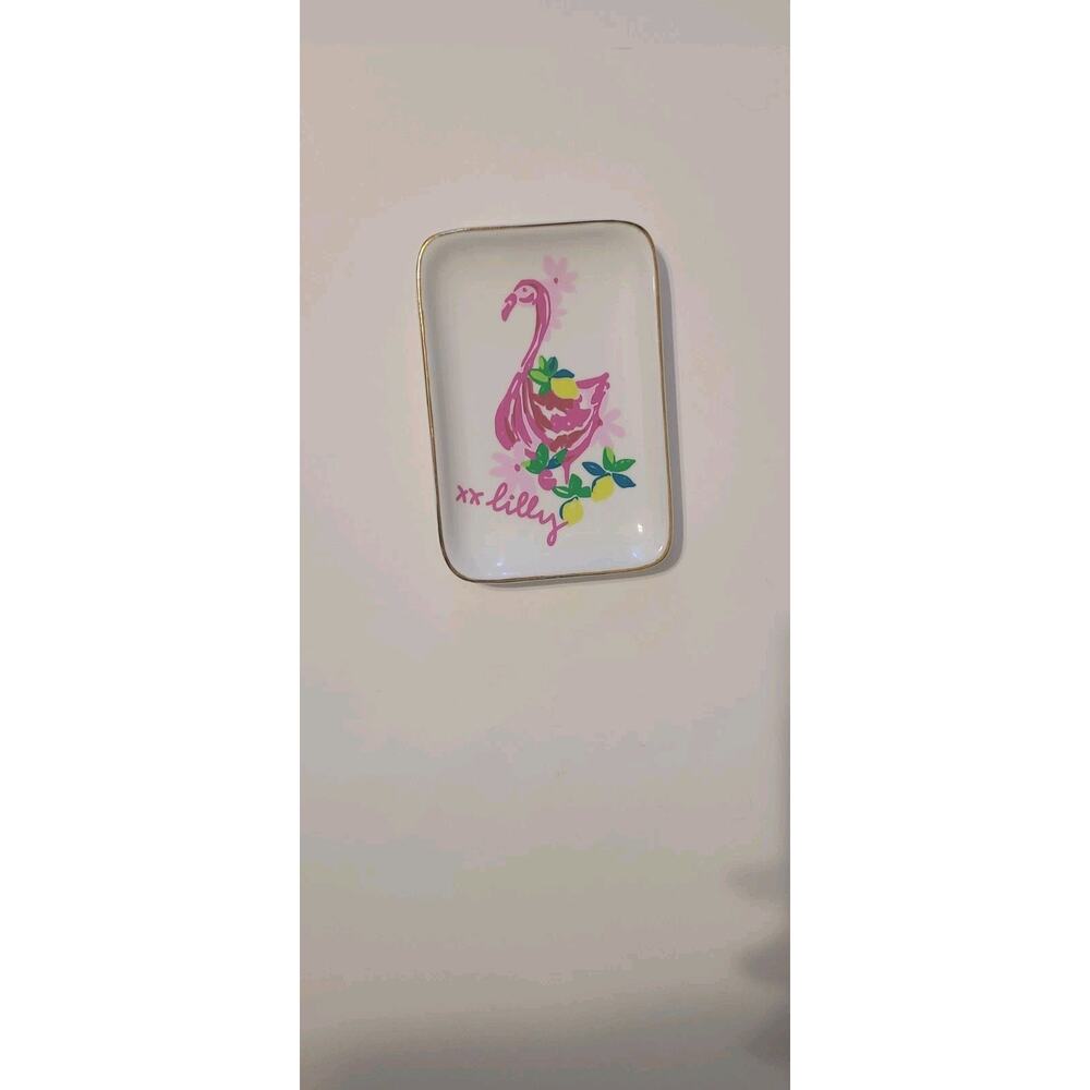 Lilly Pulitzer Pink Flamingo Ceramic Trinket Dish w/ Gold Trim 5.75” x 3.75”